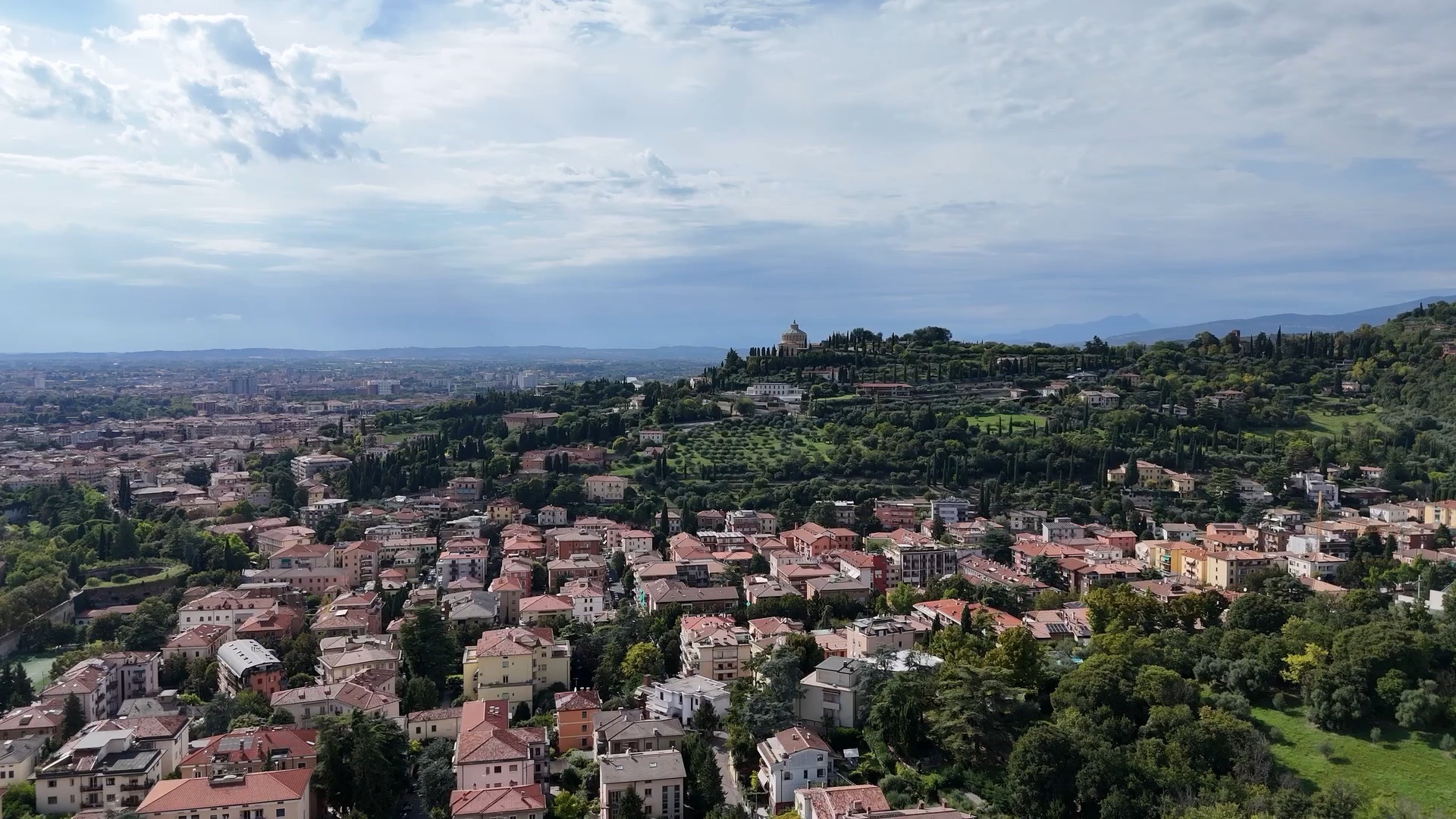 Aerial view over an Italian hillside town, a frame from the drone film Italy From Above